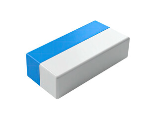A rectangular eraser with a blue and white color scheme, on a black background