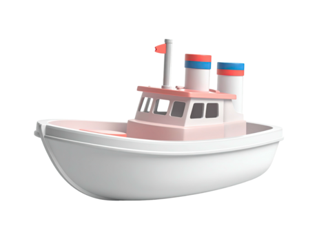 Simple 3D rendering of a toy-like boat with two stacks and a small cabin