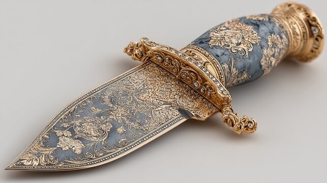 Exquisite ornamental dagger showcasing intricate gold detailing and precious gemstones against