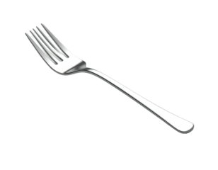 Metallic fork on a black background, angled, tines sharp, reflecting light