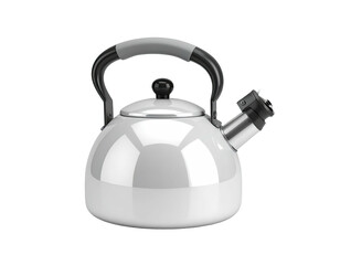 A shiny, round metal kettle with a spout and black and gray handle and lid