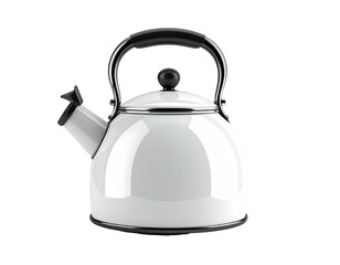 Glossy white stovetop kettle with black handle, spout, and knob