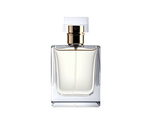 A square-shaped perfume bottle with a gold collar and clear cap sits centered