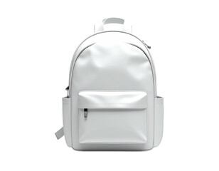 White minimalist backpack with a front pocket, sitting against a black background