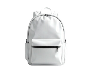 A clean, white, modern backpack with a front pocket and a top handle
