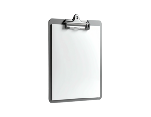 Isolated clipboard with blank white paper, against a stark, black background