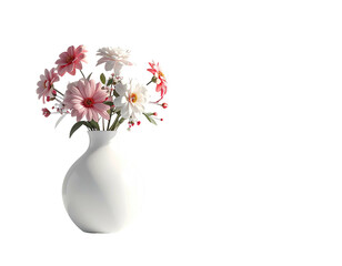 Delicate pastel blooms in a glossy white vase, set against a stark black background