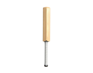 A cricket bat stands upright against a black background, realistic depiction