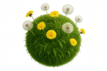 Green grass sphere with blooming yellow dandelions and white fluffy seed heads symbolizing growth