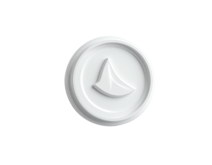 Raised white emblem, boat sail shape in a white circular frame, black background