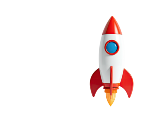 Red, white, and blue cartoon rocket ship taking off on a black background