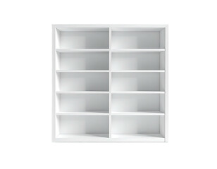 Empty white bookshelf, front view, with many shelves, set against black
