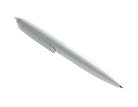 Sleek, white ballpoint pen, cap on, lying diagonally against a black background