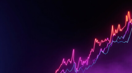 Abstract glowing line graph rising and falling dynamically, neon color, dark background, futuristic, financial concept