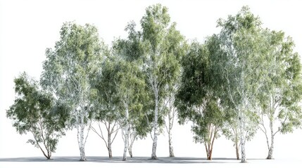 Photorealistic 3D render of birch tree set, green foliage and white trunks, transparent background, professional landscape design asset