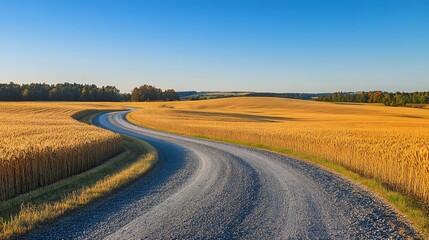 A gravel road winding through golden wheat fields under a clear sapphire sky 
