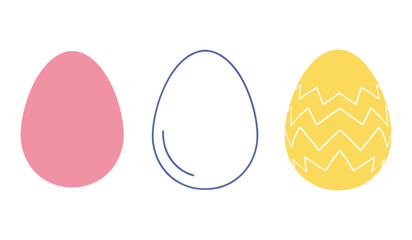 A set of three stylized easter eggs one pink solid one blue outline one yellow zigzag pattern on white pink egg