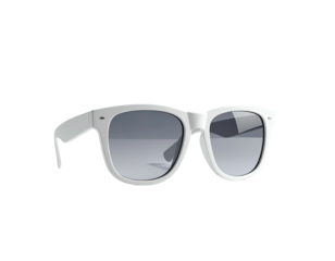 White sunglasses with gradient lenses, depicted against a stark black background