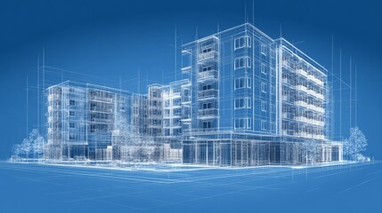 Realistic 3D vector architectural model of apartment complex, clean geometric wireframe, digital engineering design, blue and white technical tones