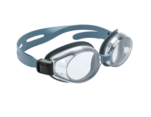 Close-up of swimming goggles with clear lenses and a blue head strap on black background