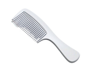 White plastic hair comb, handle on the right, angled on a black background