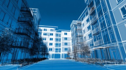 Realistic 3D vector architectural model of apartment complex, clean geometric wireframe, digital engineering design, blue and white technical tones