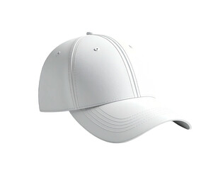 Isolated white baseball cap, three-quarter view, on a solid black background
