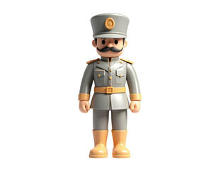 Cartoon soldier in a grey uniform with hat and mustache, standing alone