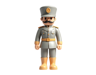 Cartoon soldier in a grey uniform with hat and mustache, standing alone