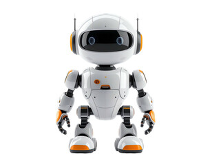 A friendly robot stands with orange and white accents on a black background