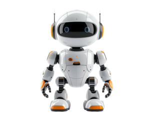 A friendly robot stands with orange and white accents on a black background