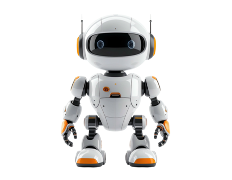 A friendly robot stands with orange and white accents on a black background