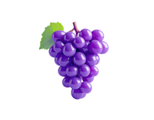 A vibrant cluster of glossy purple grapes with a green leaf, isolated on black