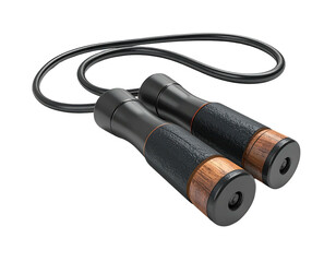 A black jump rope with wooden grips, set against a black background