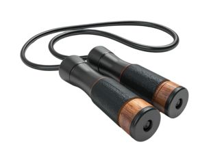 A black jump rope with wooden grips, set against a black background