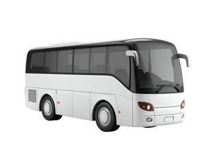 A white coach bus with dark windows and a black roof, on a dark background