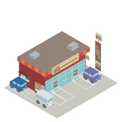 アイソメトリックの郊外のドライブスルーのあるファーストフードのお店
