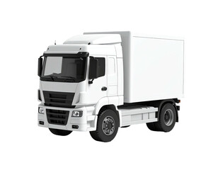 A 3D rendering of a clean, white delivery truck on a solid black background