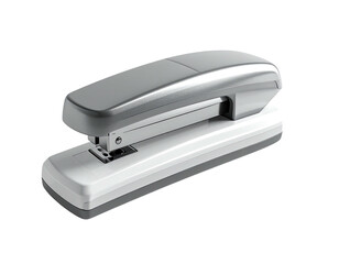 Modern gray and white office stapler, angled, well-lit on a black background