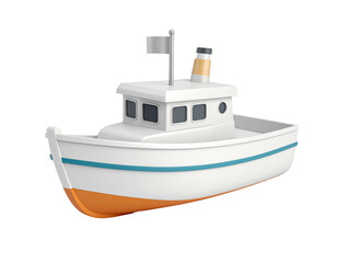 Obraz premium A small, white cartoon boat with a cabin, smokestack and flag, isolated