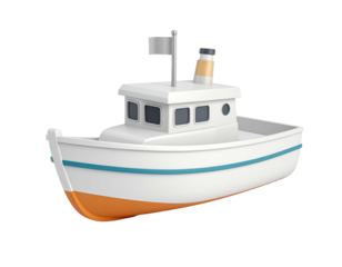 A small, white cartoon boat with a cabin, smokestack and flag, isolated