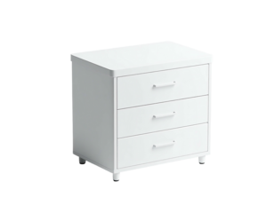 A white, three-drawer nightstand, simple design, with rounded corners and feet