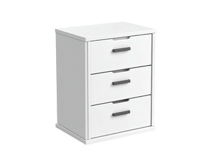 A white nightstand with three drawers and dark handles, against a dark background