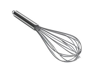 A stainless steel whisk against a black background, angled for a clear view