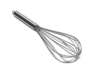 A stainless steel whisk against a black background, angled for a clear view