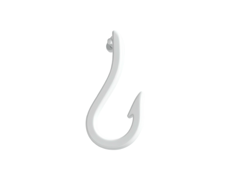A stylized, curved metal hook, rendered in white, isolated against black