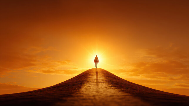 Silhouette mountain sunrise glowing symbolic peak business figure abstract success achievement hope journey path inspiration