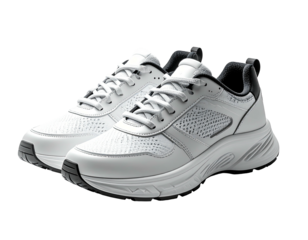 White sneakers, mesh and leather, black accents, thick sole, stylish footwear