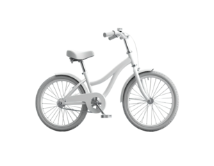 Rendered image of a white bicycle, posed against a black background