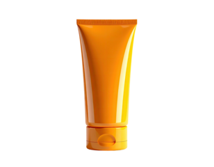 A tall, orange tube of sunscreen against a stark black background